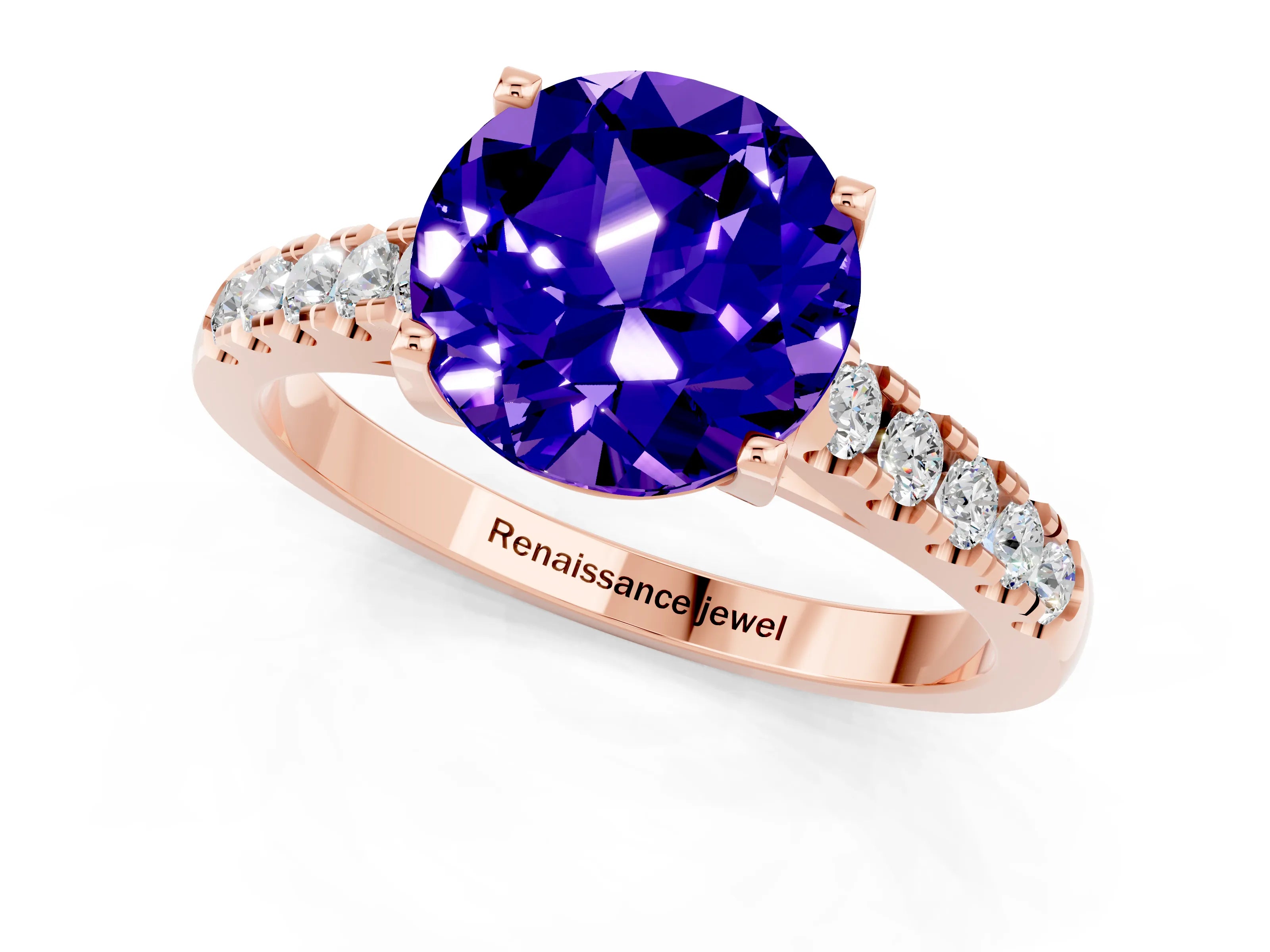 Rose gold {shape_name} Tanzanite Solitaire Ring with Pavé Band and Four-Prong Setting_1
