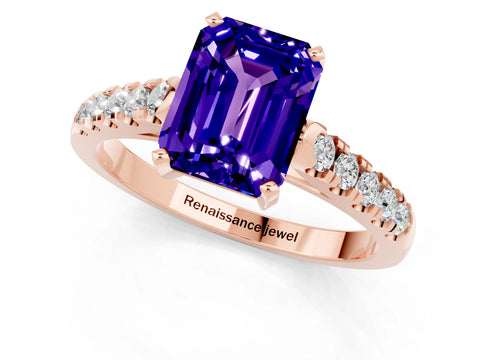 Rose gold {shape_name} Tanzanite Solitaire Ring with Pavé Band and Four-Prong Setting_1