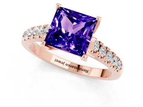 Rose gold {shape_name} Tanzanite Solitaire Ring with Pavé Band and Four-Prong Setting_1