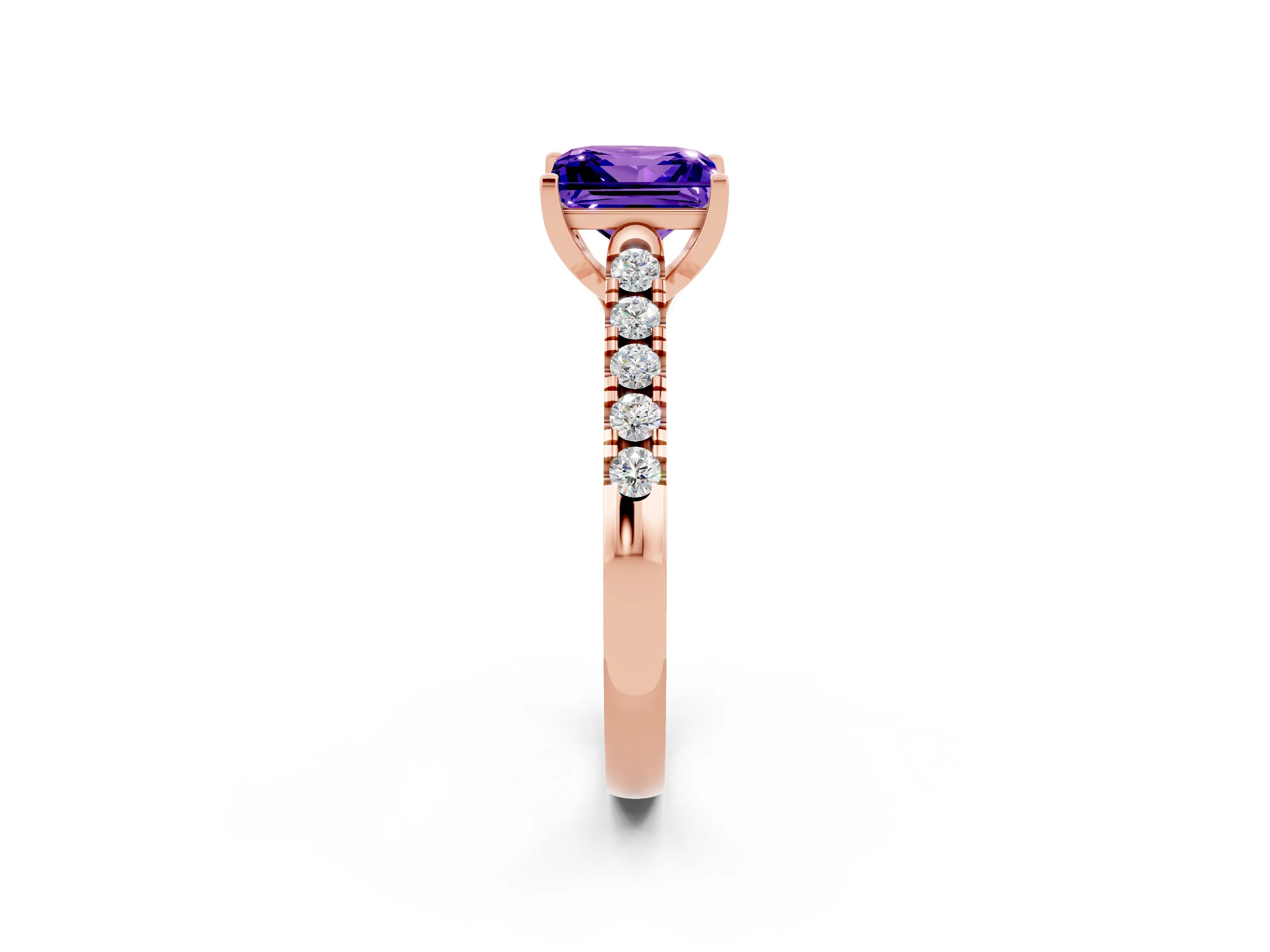 Rose gold {shape_name} Tanzanite Solitaire Ring with Pavé Band and Four-Prong Setting_2