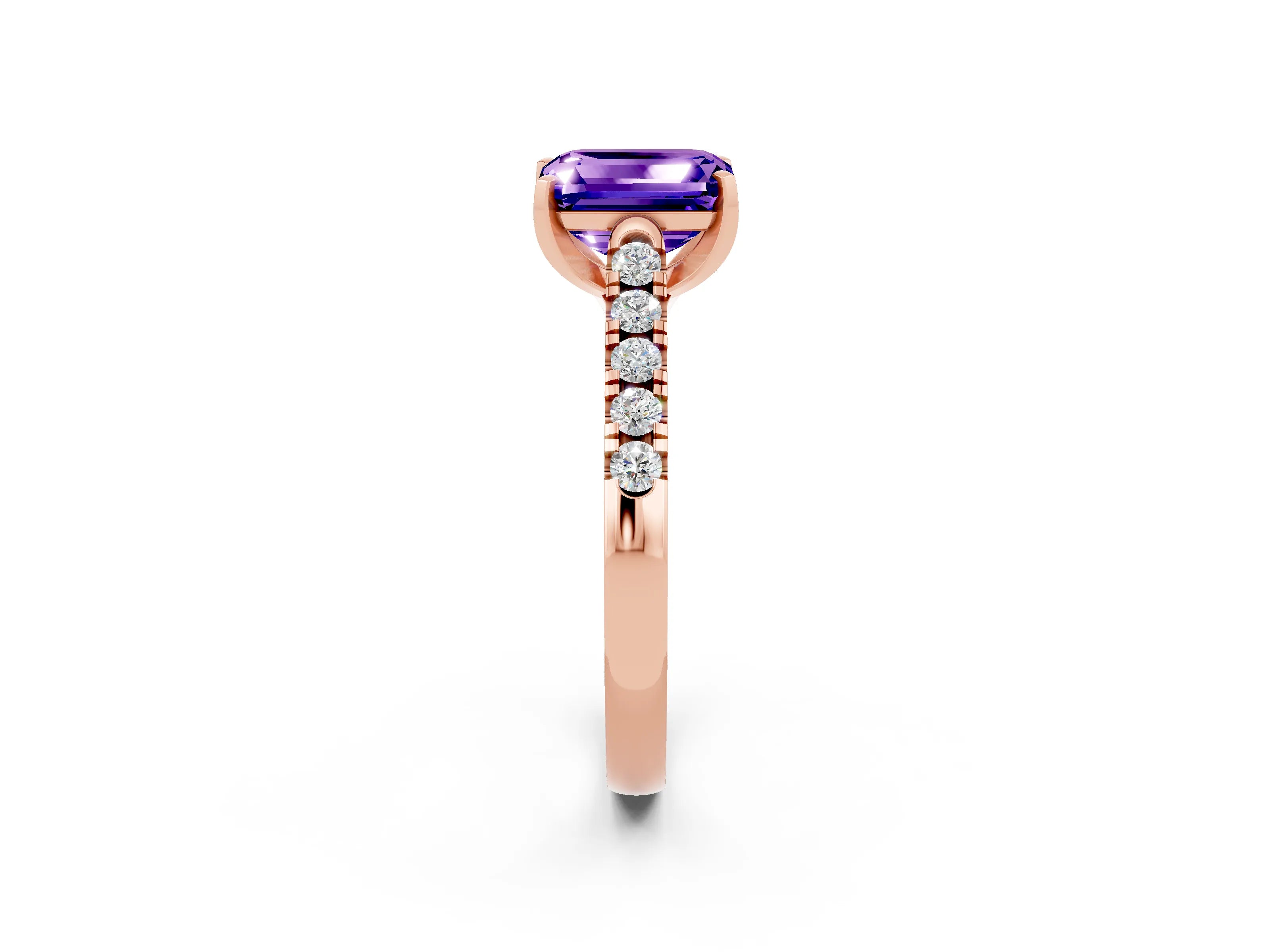 Rose gold {shape_name} Tanzanite Solitaire Ring with Pavé Band and Four-Prong Setting_2