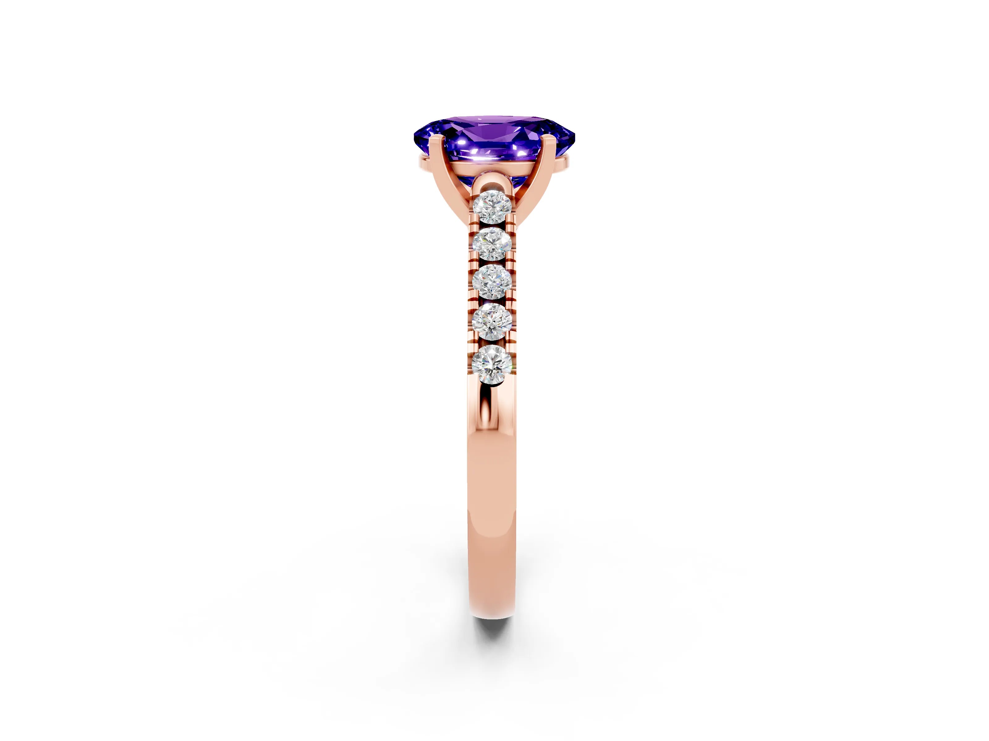 Rose gold {shape_name} Tanzanite Solitaire Ring with Pavé Band and Four-Prong Setting_2