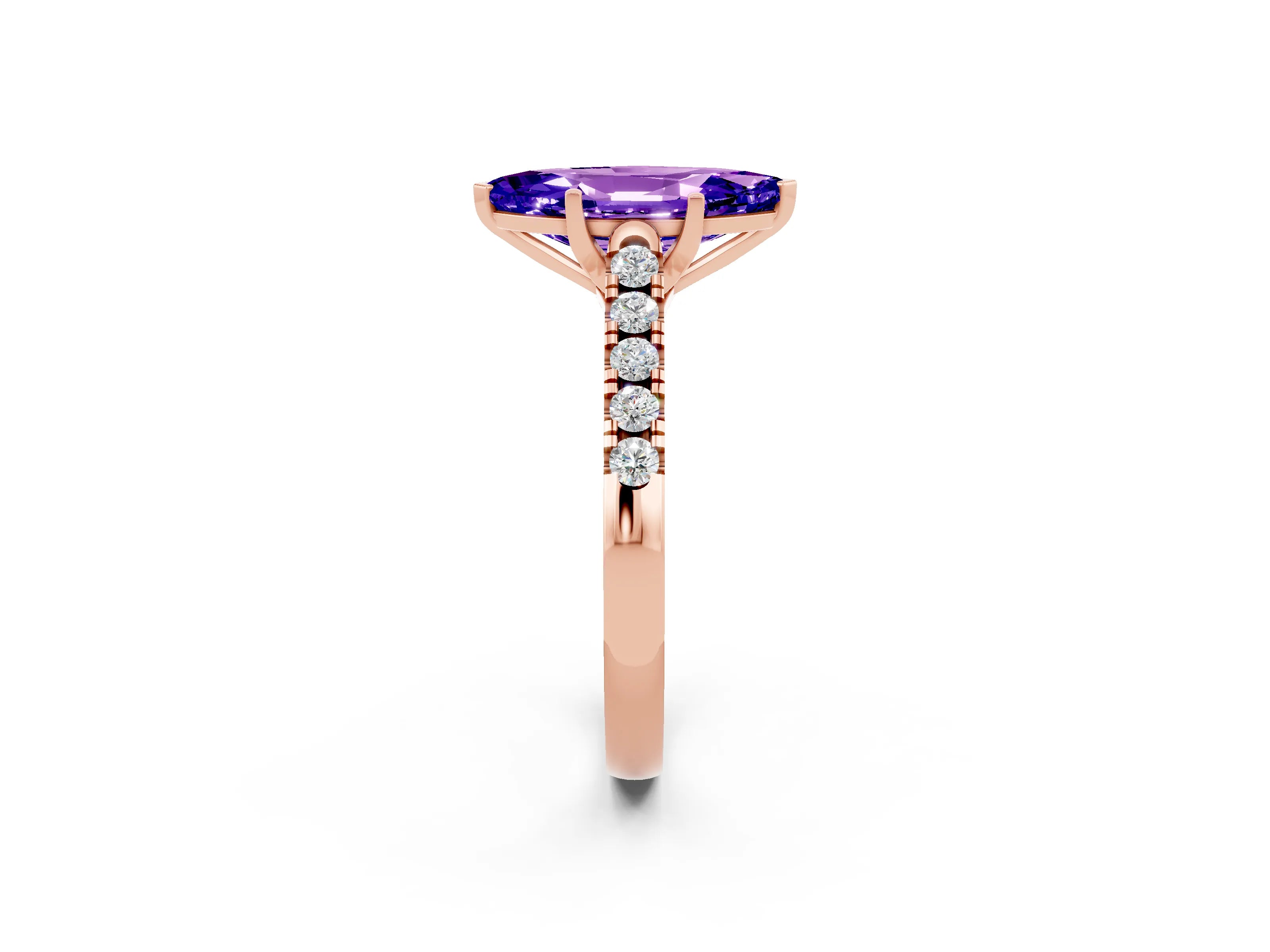 Rose gold {shape_name} Tanzanite Solitaire Ring with Pavé Band and Four-Prong Setting_2