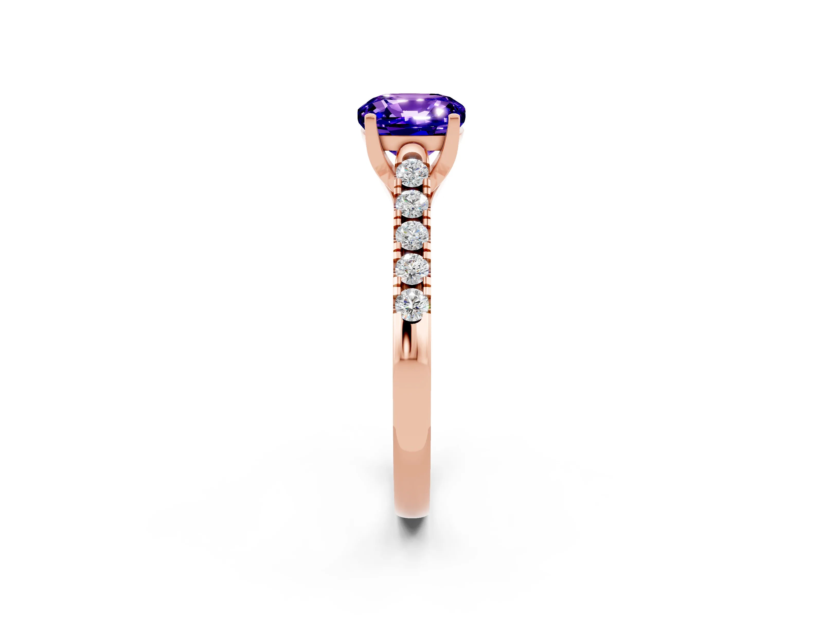 Rose gold {shape_name} Tanzanite Solitaire Ring with Pavé Band and Four-Prong Setting_2