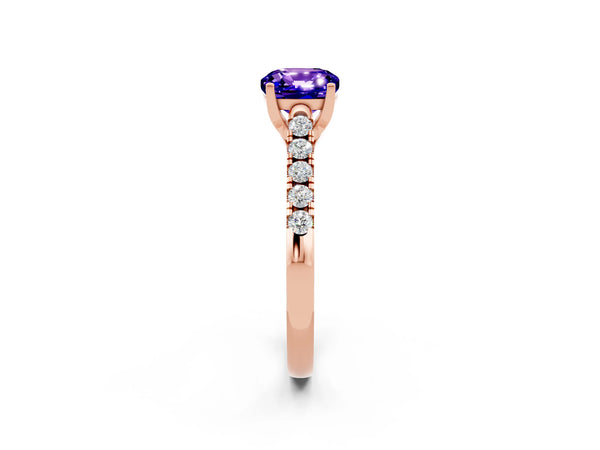 Rose gold Cushion Cut Tanzanite Pavé Band Solitaire Ring with Prong Setting