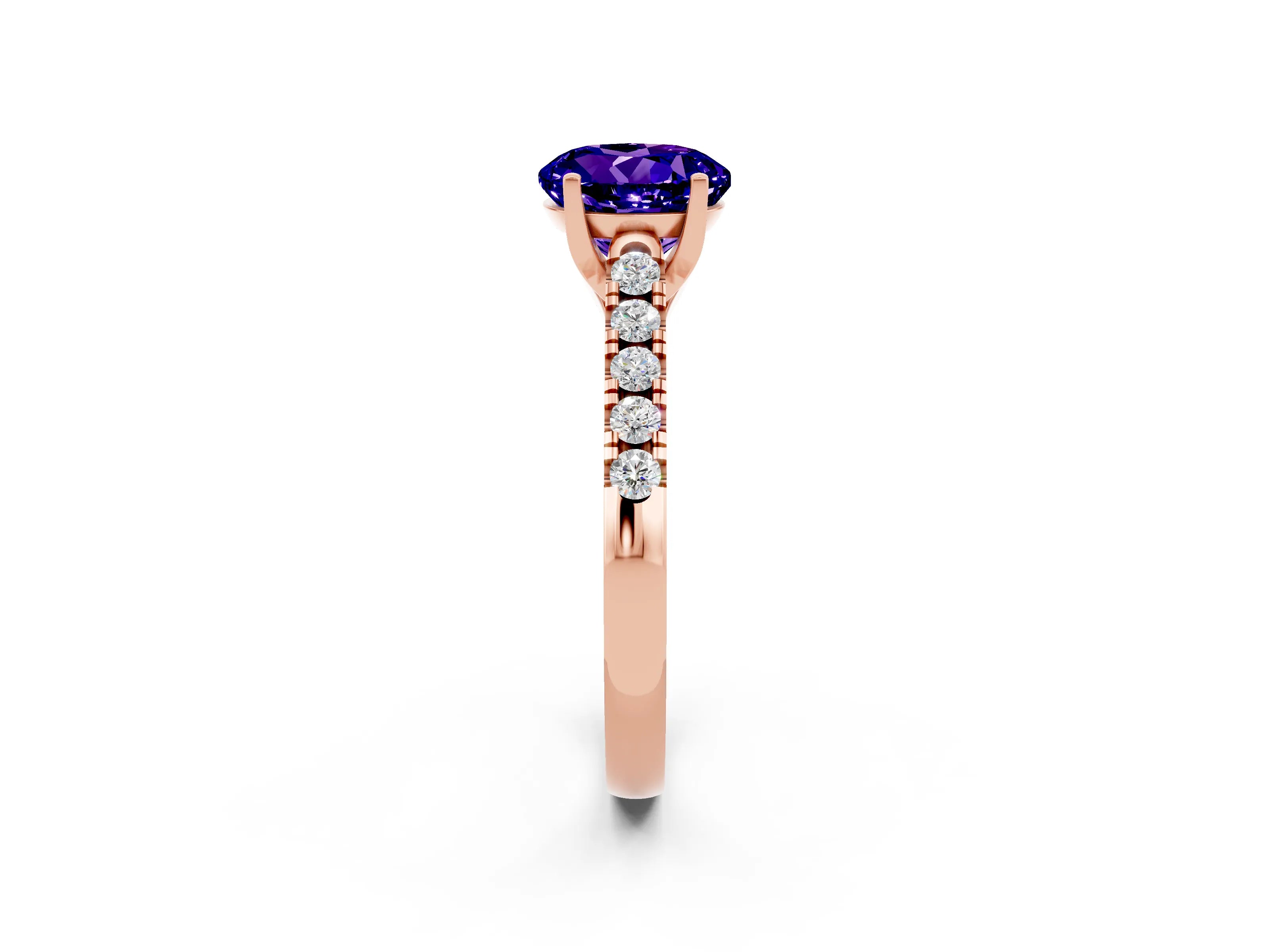 Rose gold {shape_name} Tanzanite Solitaire Ring with Pavé Band and Four-Prong Setting_2