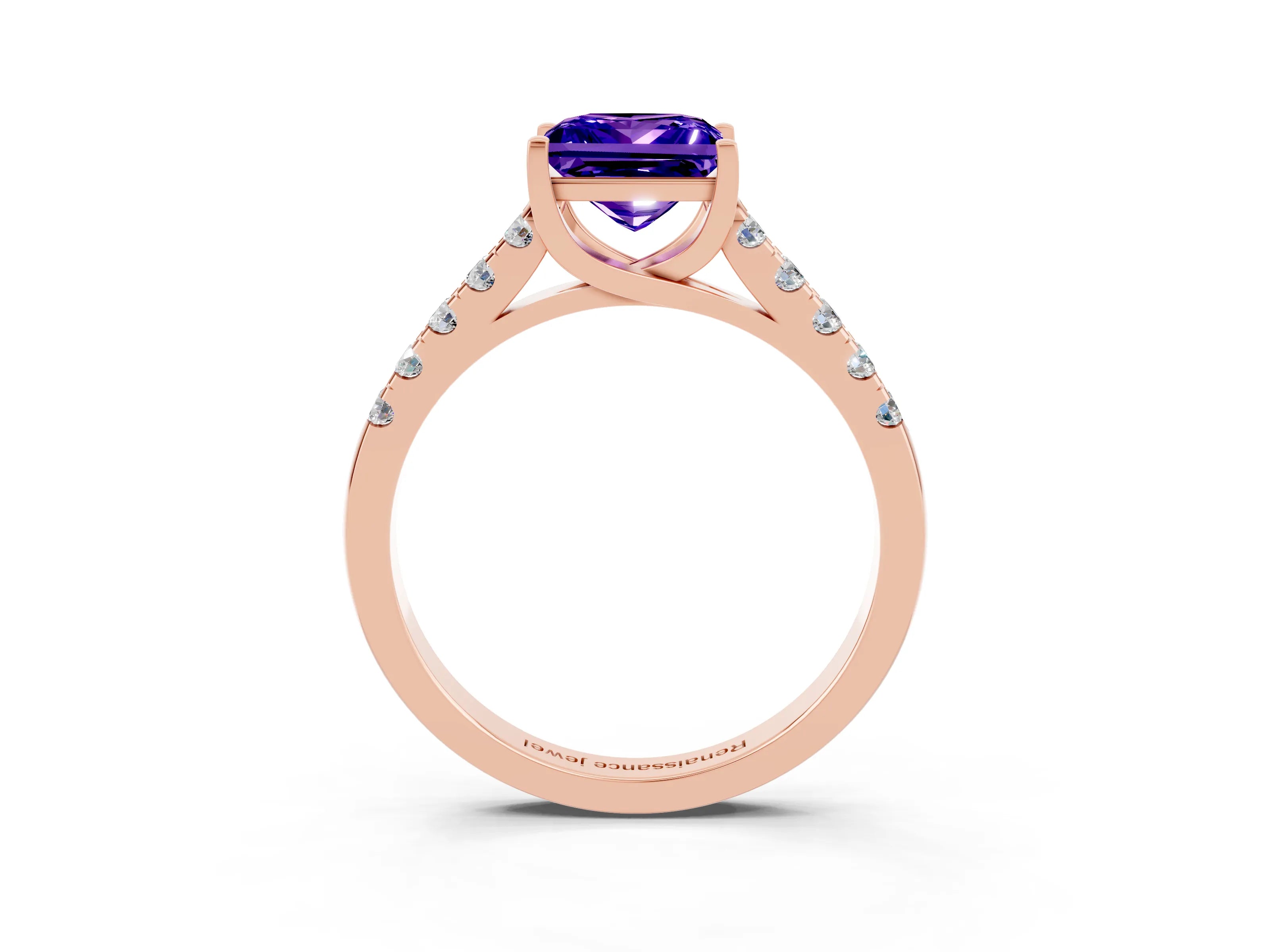 Rose gold {shape_name} Tanzanite Solitaire Ring with Pavé Band and Four-Prong Setting_3
