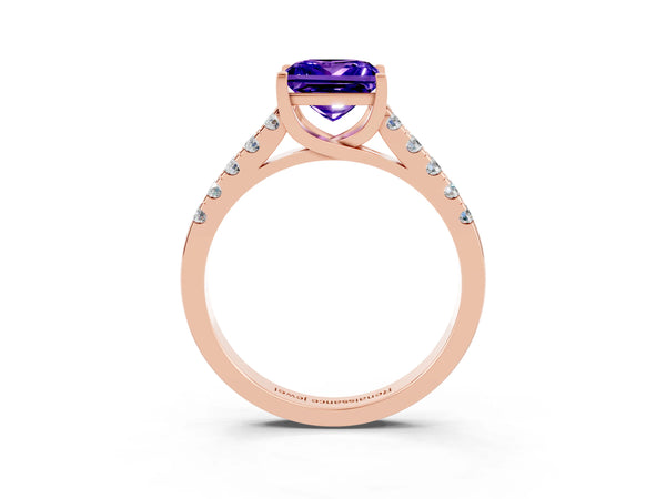 Rose gold Princess Cut Tanzanite Pavé Band Solitaire Ring with Prong Setting