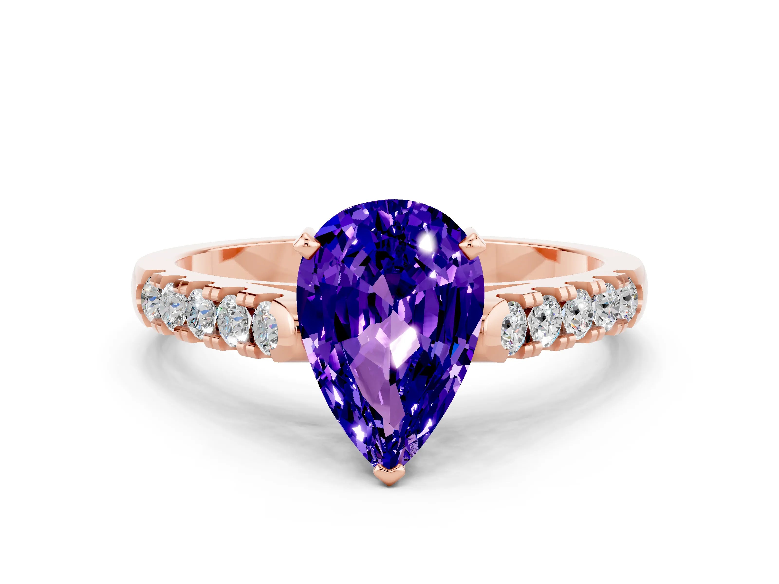 Rose gold {shape_name} Tanzanite Solitaire Ring with Pavé Band and Four-Prong Setting