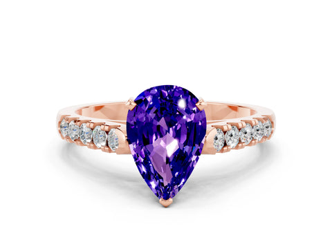 Rose gold {shape_name} Tanzanite Solitaire Ring with Pavé Band and Four-Prong Setting