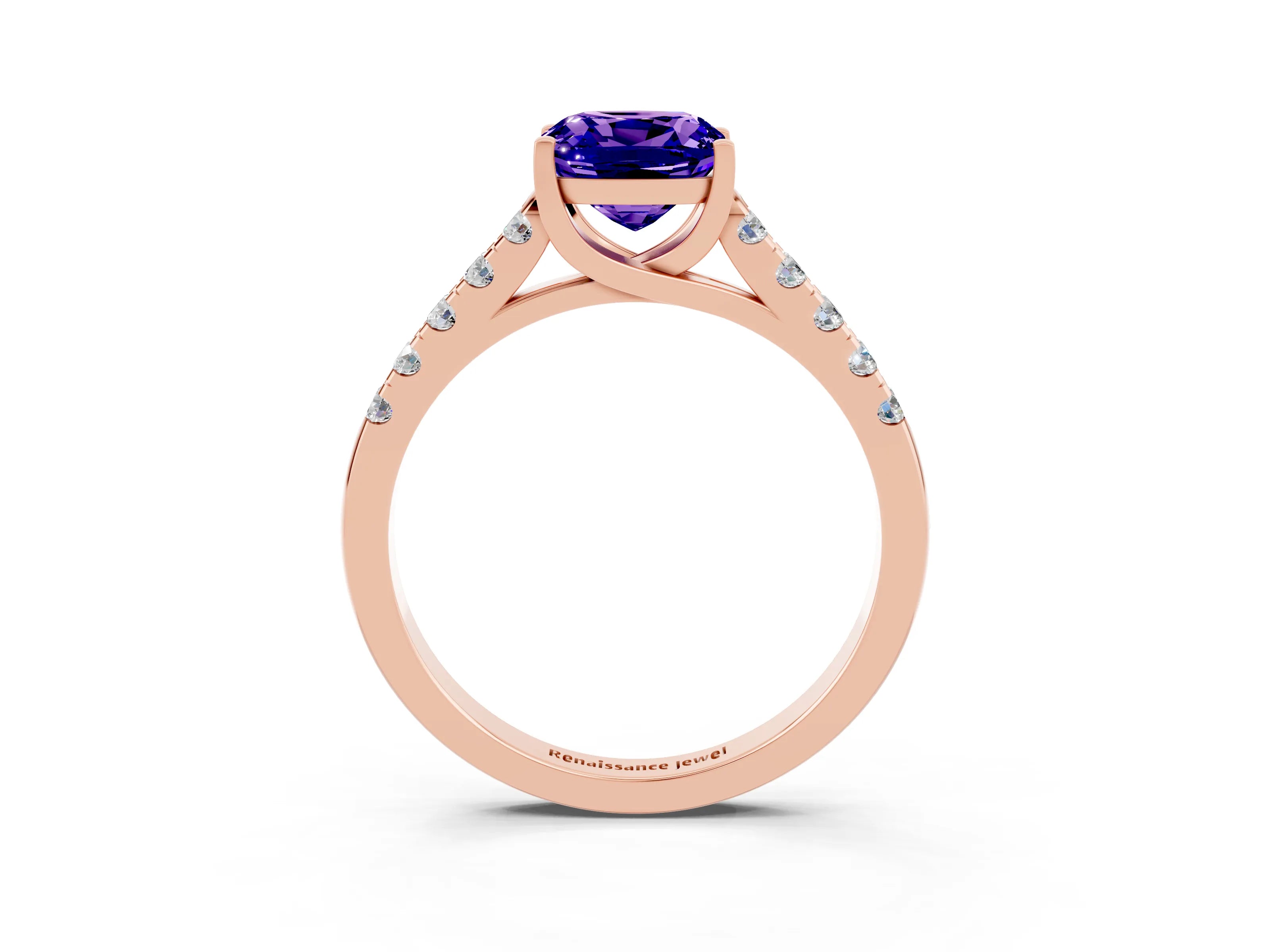 Rose gold {shape_name} Tanzanite Solitaire Ring with Pavé Band and Four-Prong Setting_3