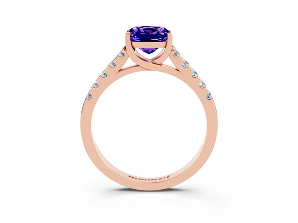 Rose gold Cushion Cut Tanzanite Pavé Band Solitaire Ring with Prong Setting