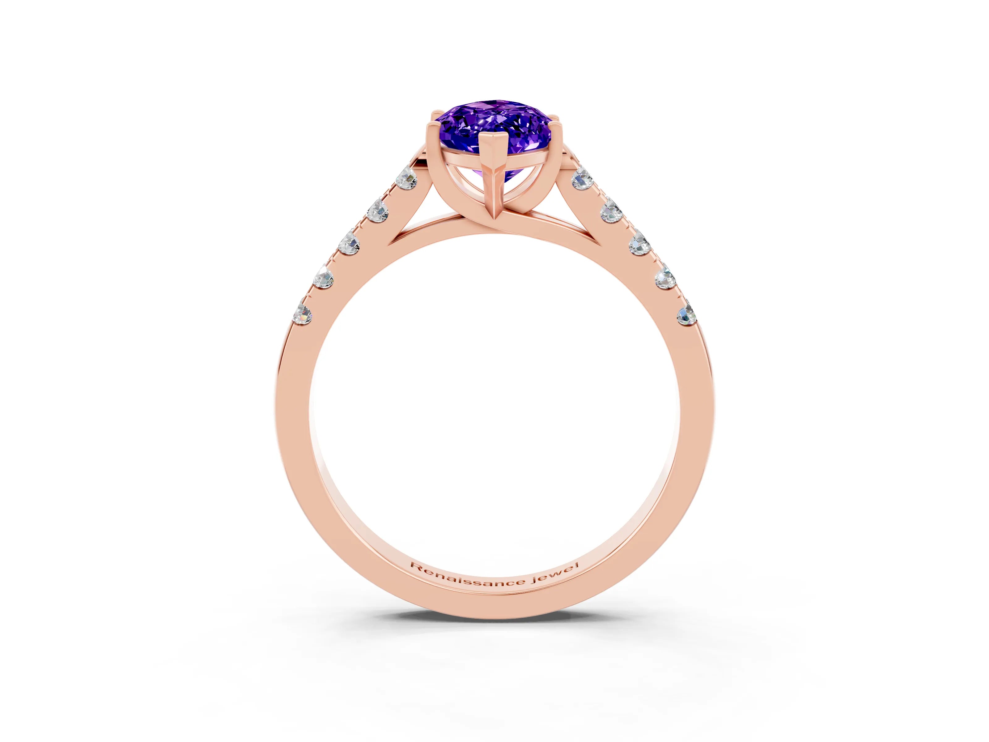 Rose gold {shape_name} Tanzanite Solitaire Ring with Pavé Band and Four-Prong Setting_3