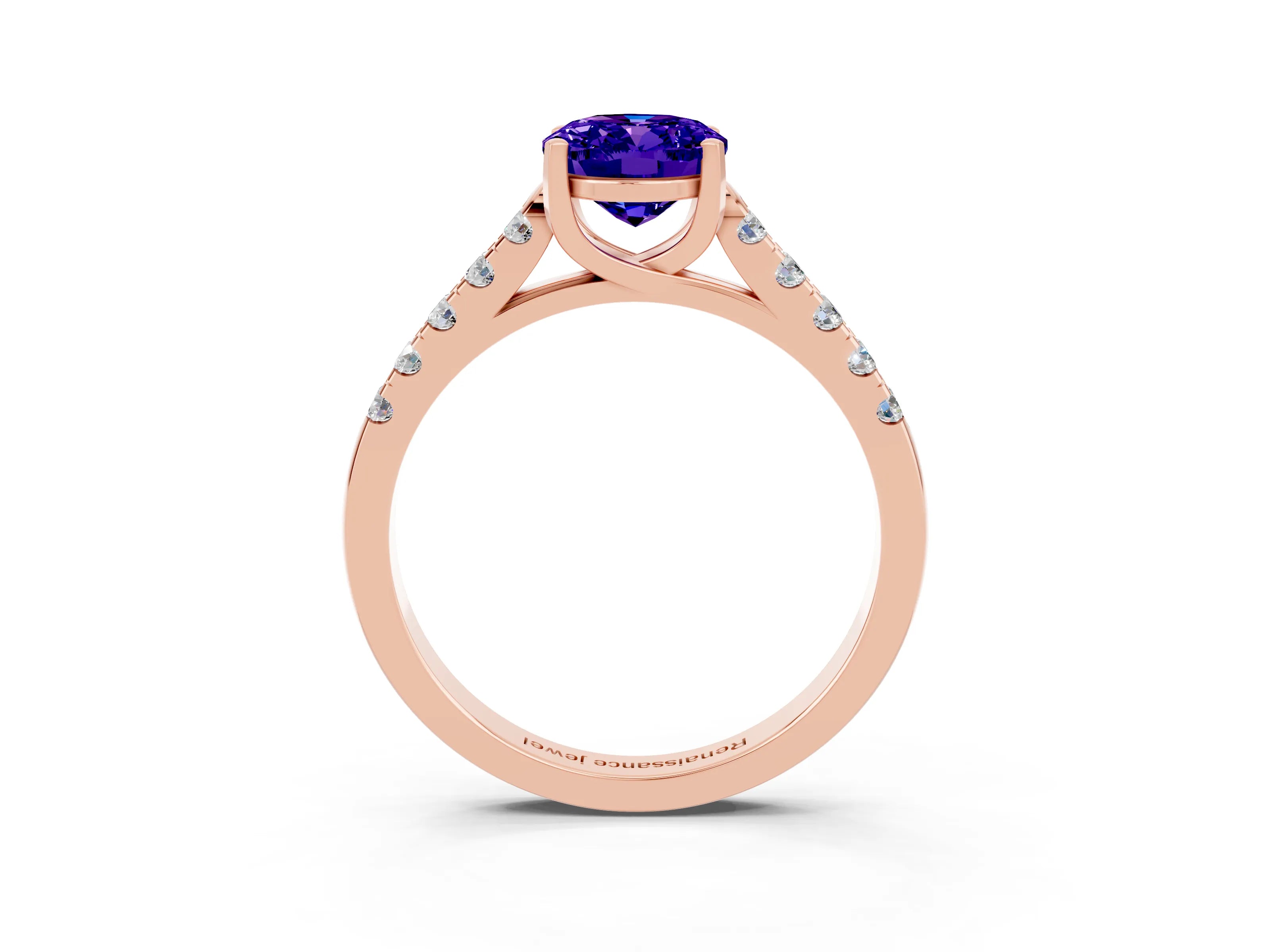 Rose gold {shape_name} Tanzanite Solitaire Ring with Pavé Band and Four-Prong Setting_3