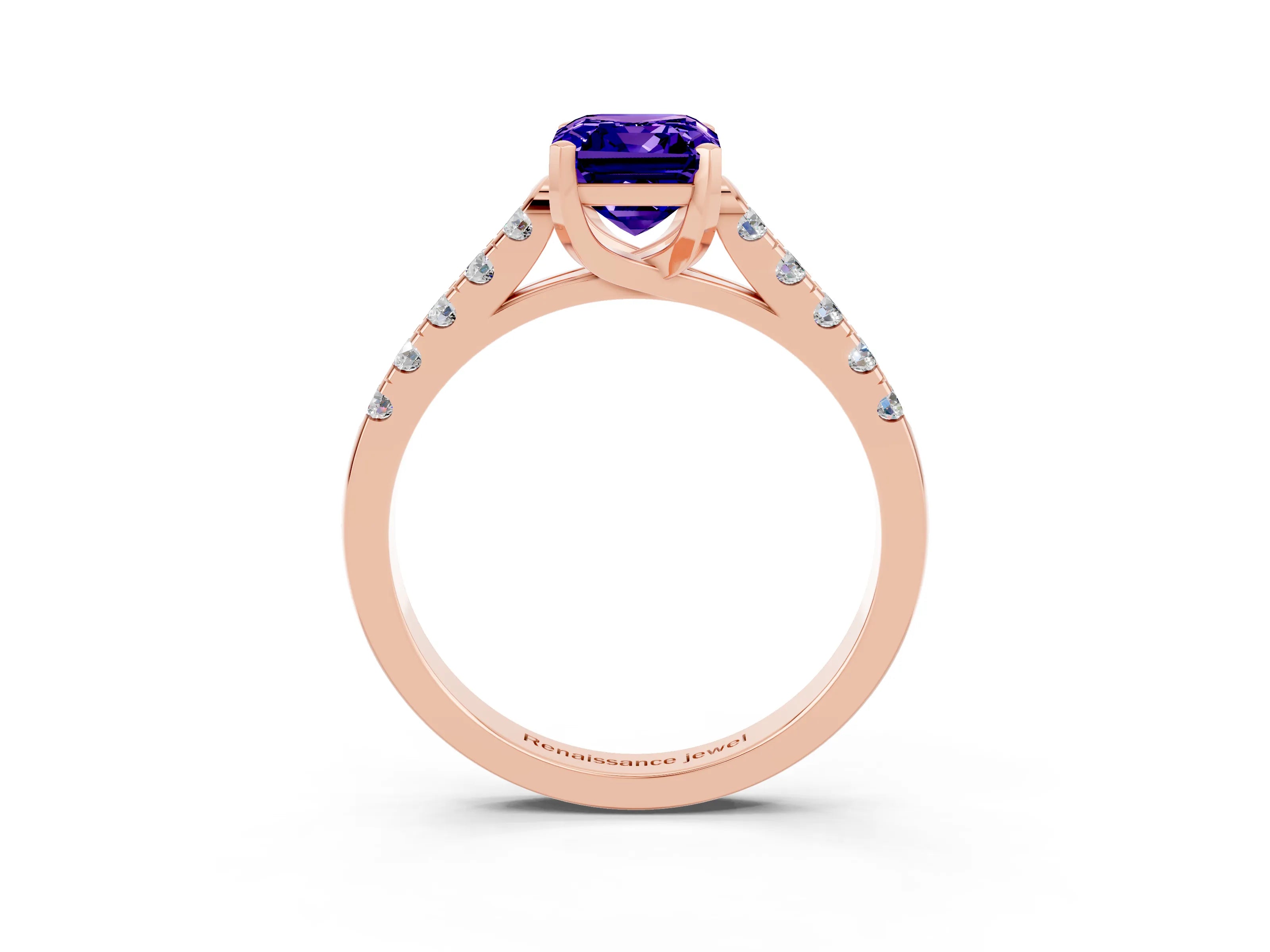 Rose gold {shape_name} Tanzanite Solitaire Ring with Pavé Band and Four-Prong Setting_3