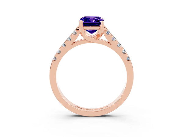 Rose gold Emerald Cut Tanzanite Pavé Band Solitaire Ring with Prong Setting
