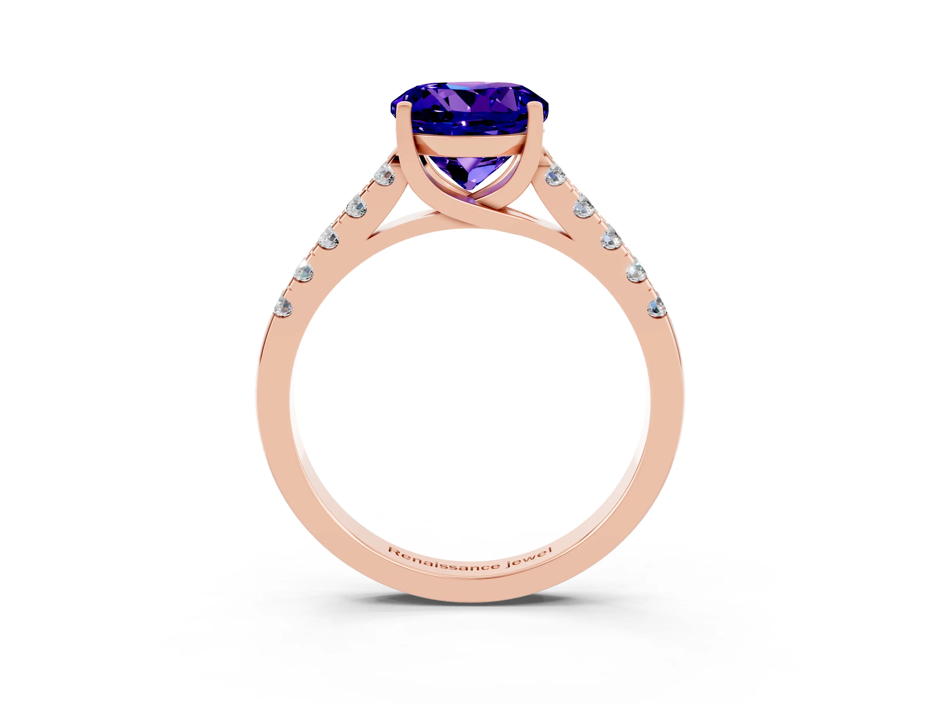 Rose gold {shape_name} Tanzanite Solitaire Ring with Pavé Band and Four-Prong Setting_3