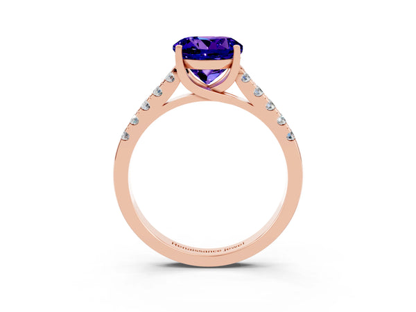 Rose gold Round Cut Tanzanite Pavé Band Solitaire Ring with Prong Setting