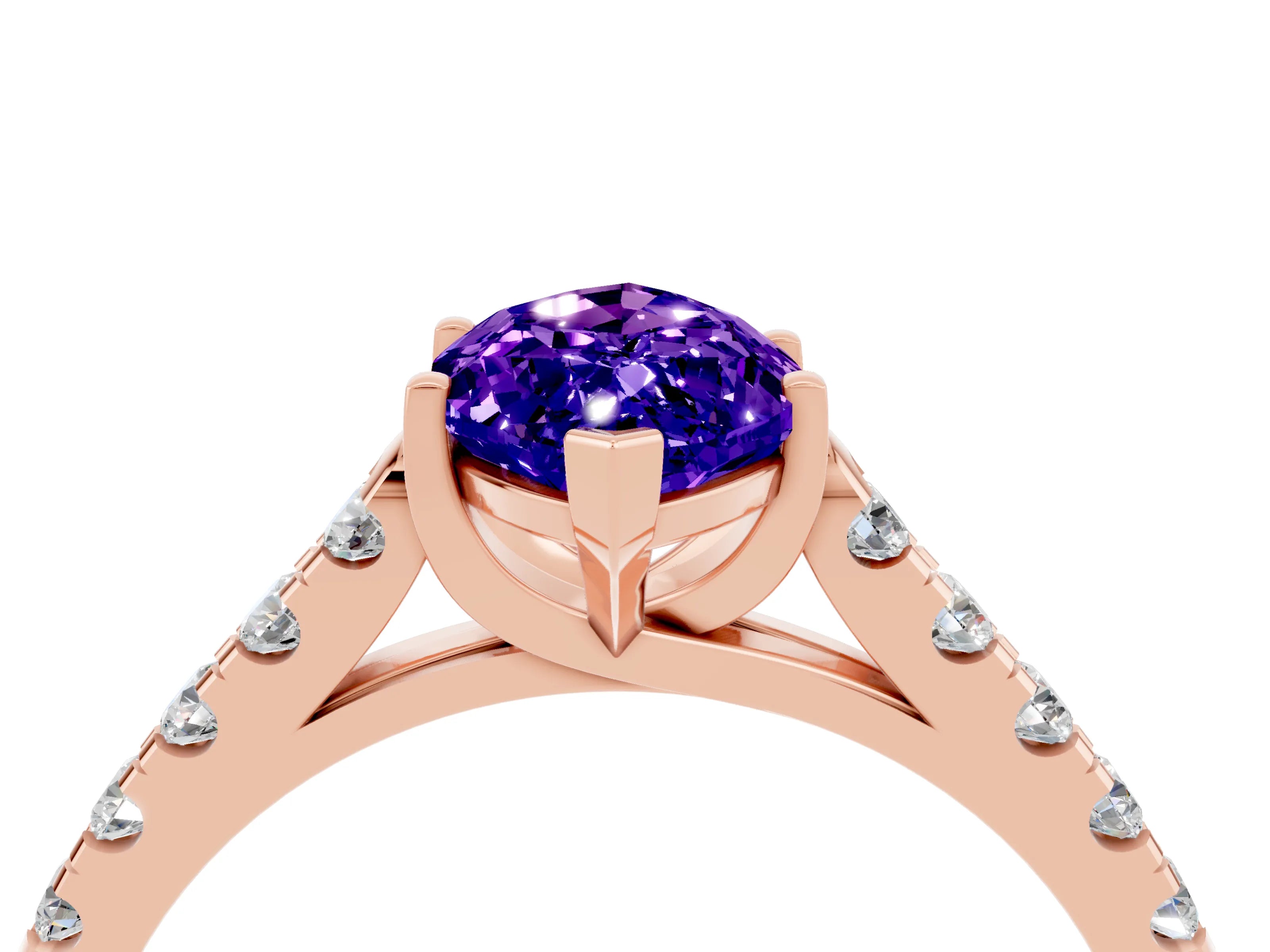 Rose gold {shape_name} Tanzanite Solitaire Ring with Pavé Band and Four-Prong Setting_4