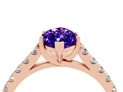 Rose gold {shape_name} Tanzanite Solitaire Ring with Pavé Band and Four-Prong Setting_4
