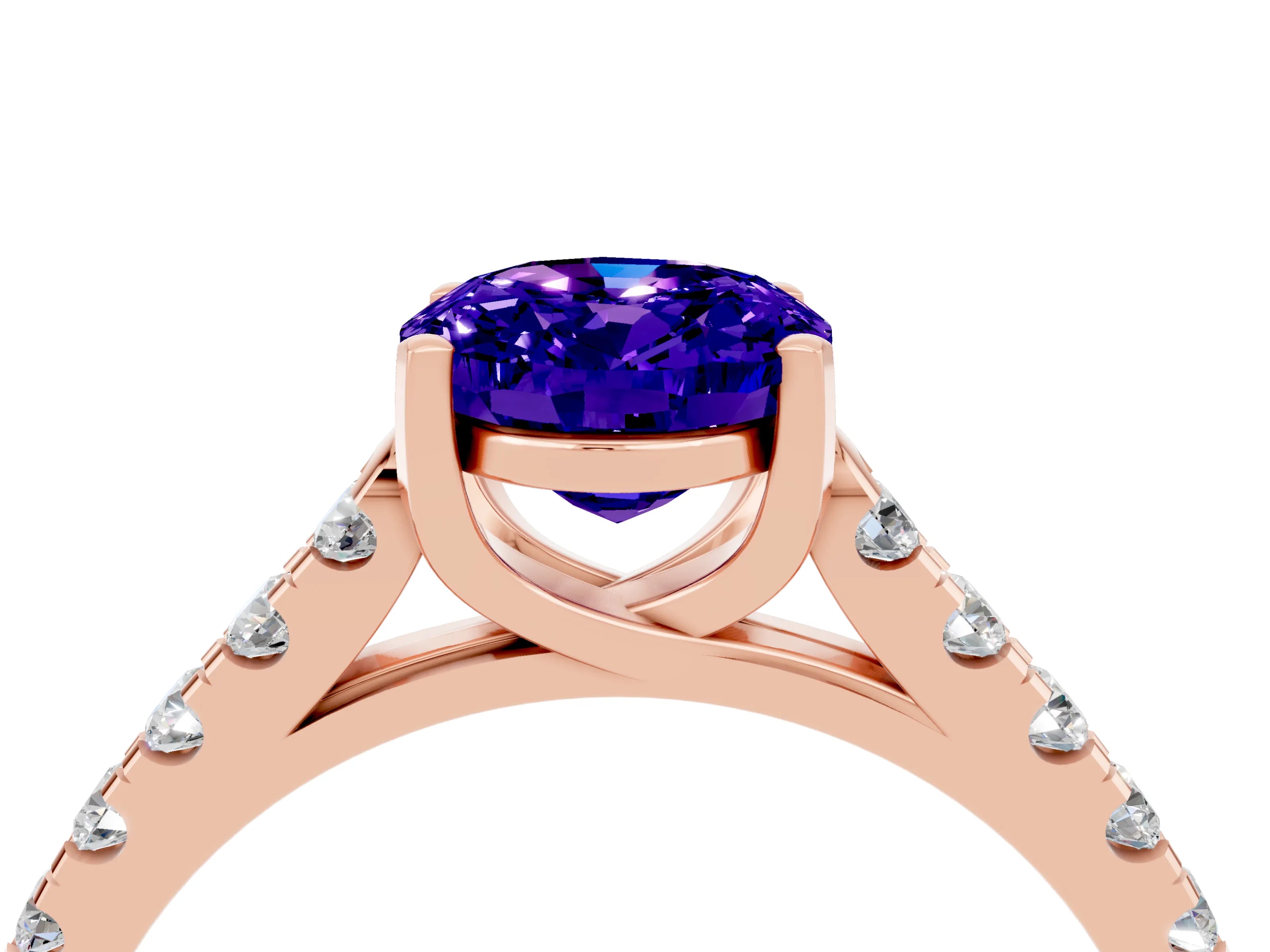 Rose gold {shape_name} Tanzanite Solitaire Ring with Pavé Band and Four-Prong Setting_4