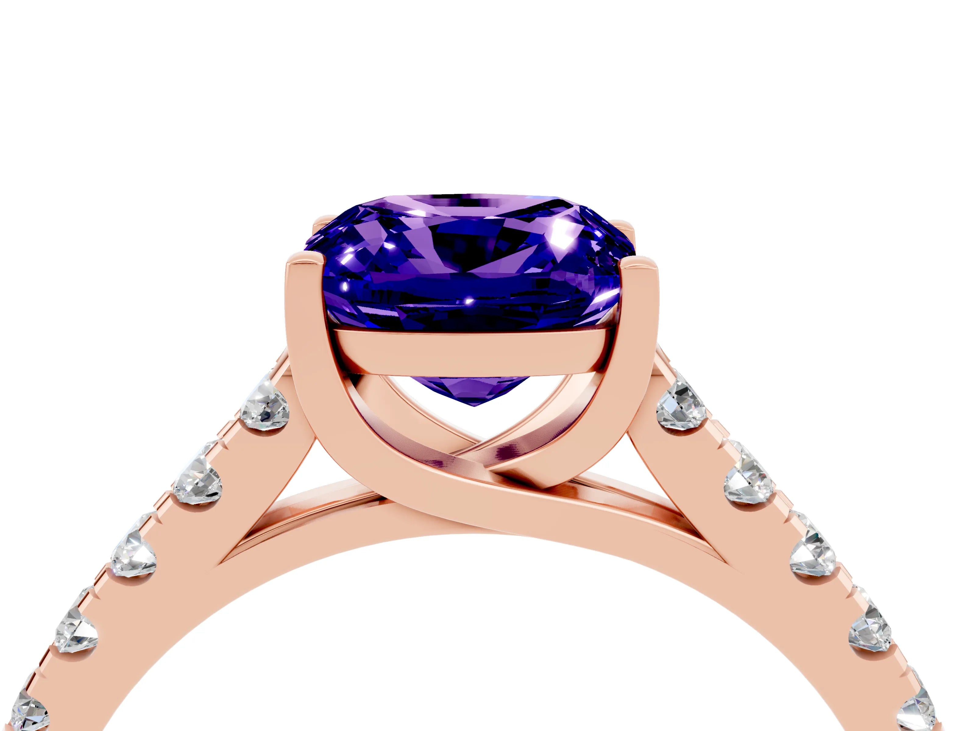 Rose gold {shape_name} Tanzanite Solitaire Ring with Pavé Band and Four-Prong Setting_4