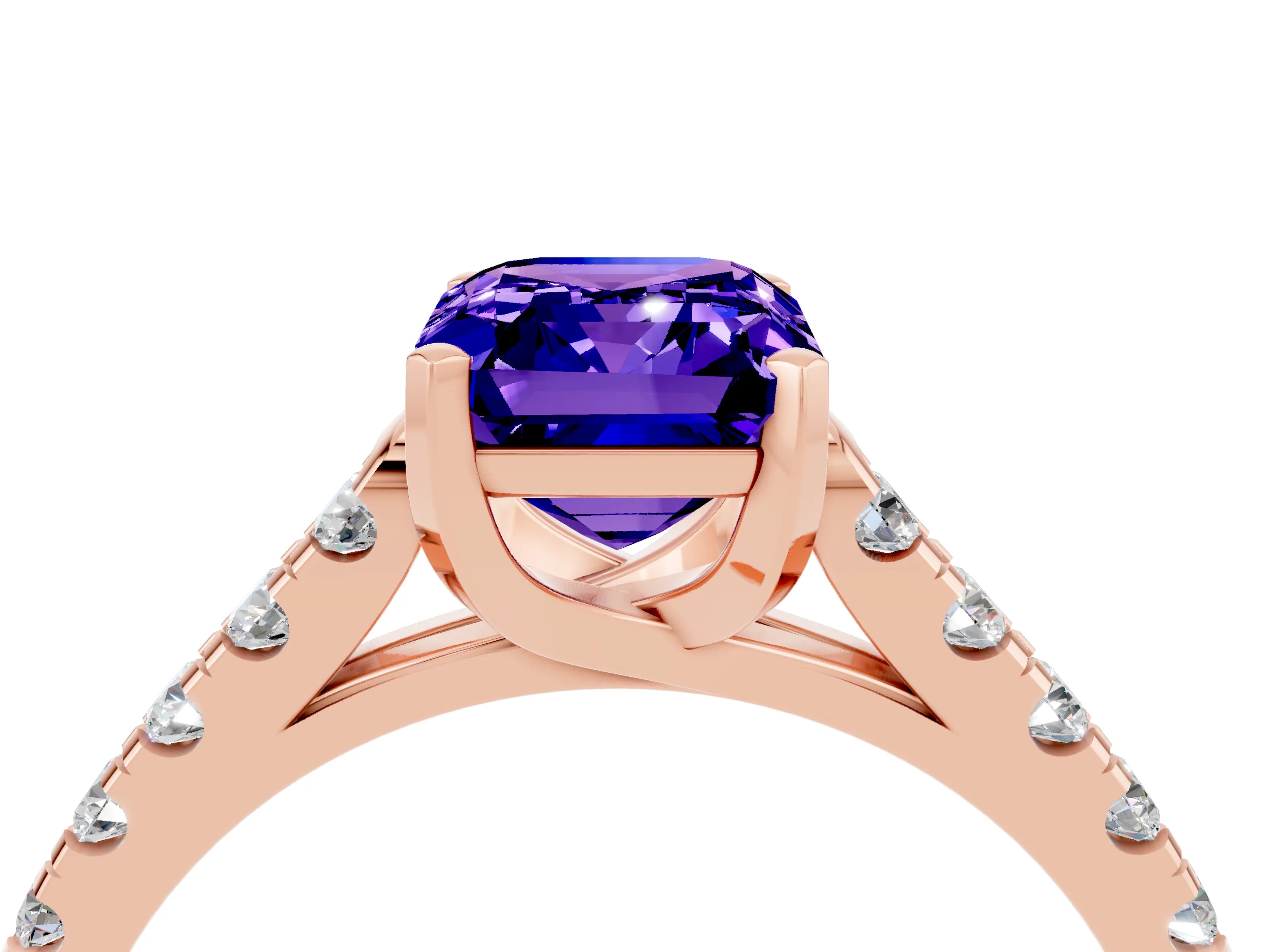 Rose gold {shape_name} Tanzanite Solitaire Ring with Pavé Band and Four-Prong Setting_4