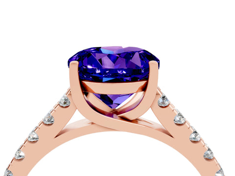 Rose gold {shape_name} Tanzanite Solitaire Ring with Pavé Band and Four-Prong Setting_4