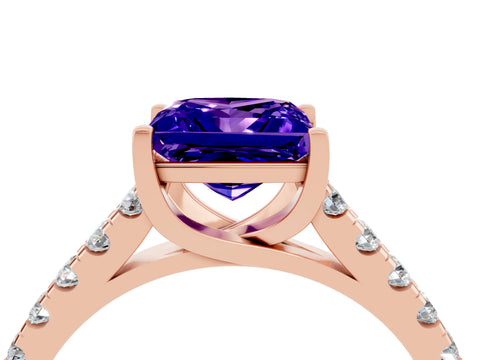 Rose gold {shape_name} Tanzanite Solitaire Ring with Pavé Band and Four-Prong Setting_4