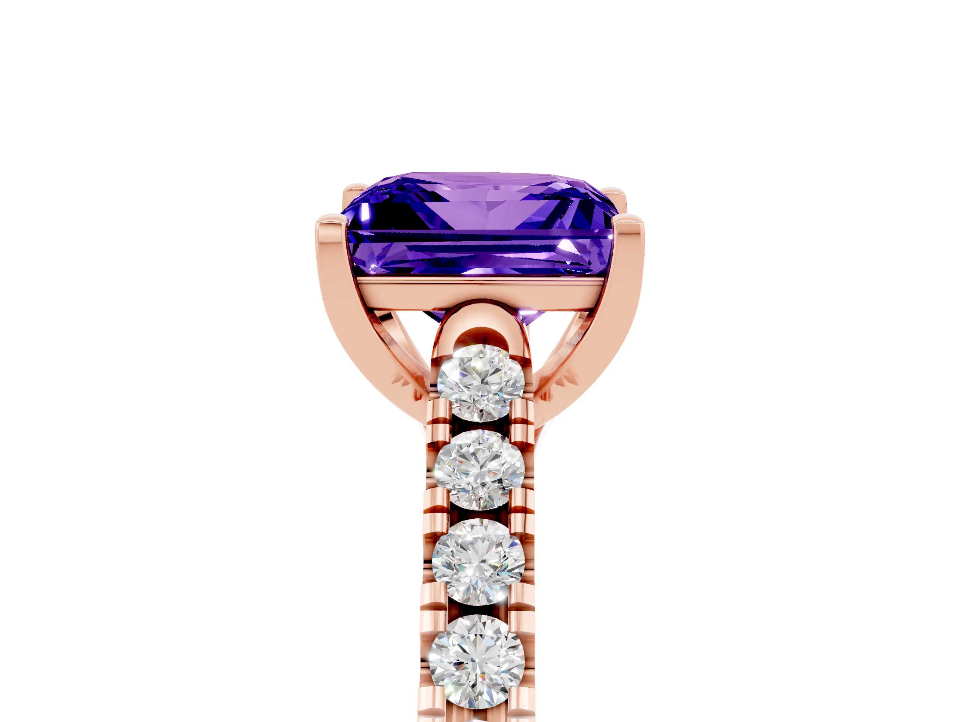 Rose gold {shape_name} Tanzanite Solitaire Ring with Pavé Band and Four-Prong Setting_5
