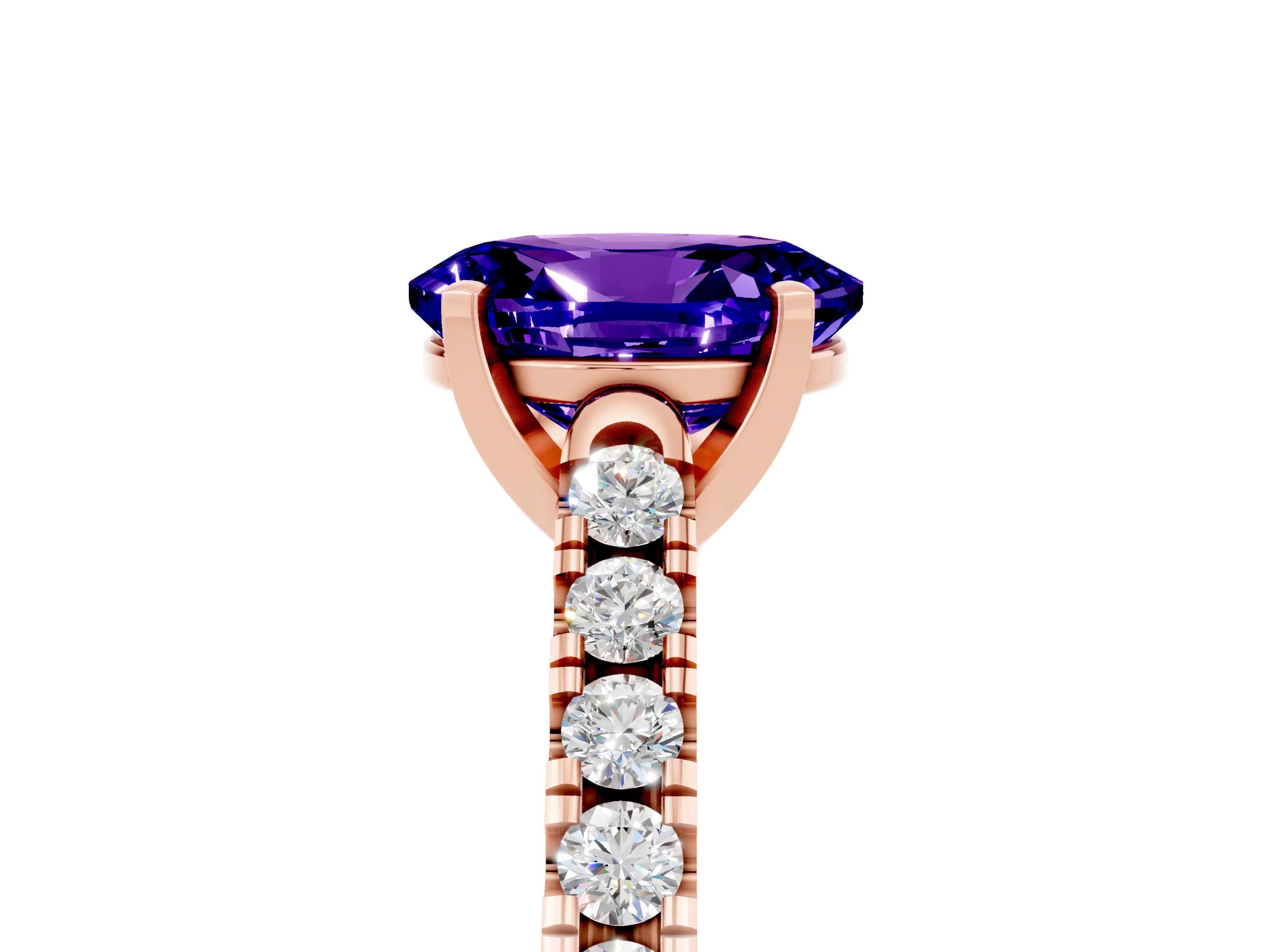 Rose gold {shape_name} Tanzanite Solitaire Ring with Pavé Band and Four-Prong Setting_5