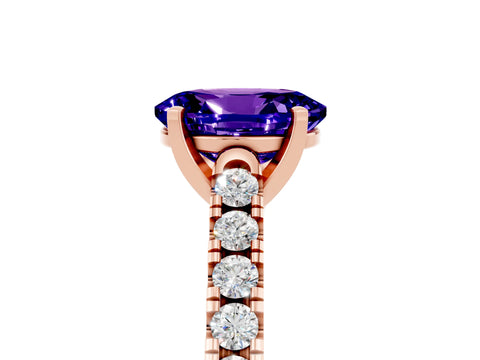 Rose gold {shape_name} Tanzanite Solitaire Ring with Pavé Band and Four-Prong Setting_5