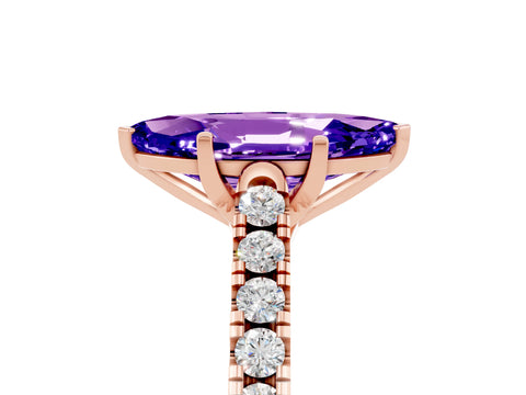 Rose gold {shape_name} Tanzanite Solitaire Ring with Pavé Band and Four-Prong Setting_5