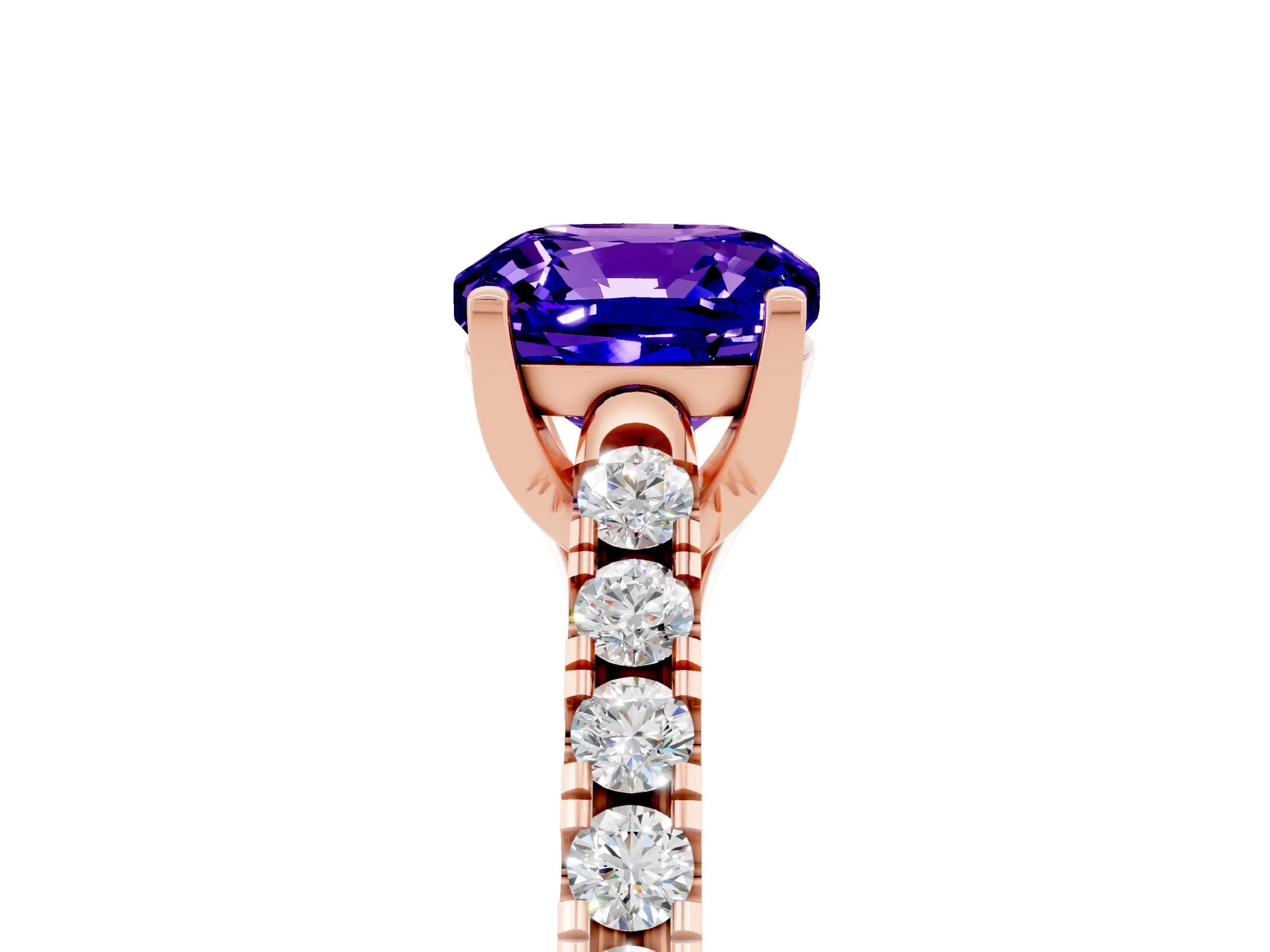 Rose gold {shape_name} Tanzanite Solitaire Ring with Pavé Band and Four-Prong Setting_5