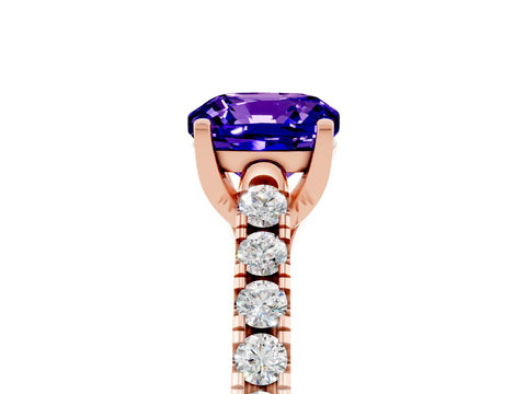 Rose gold {shape_name} Tanzanite Solitaire Ring with Pavé Band and Four-Prong Setting_5