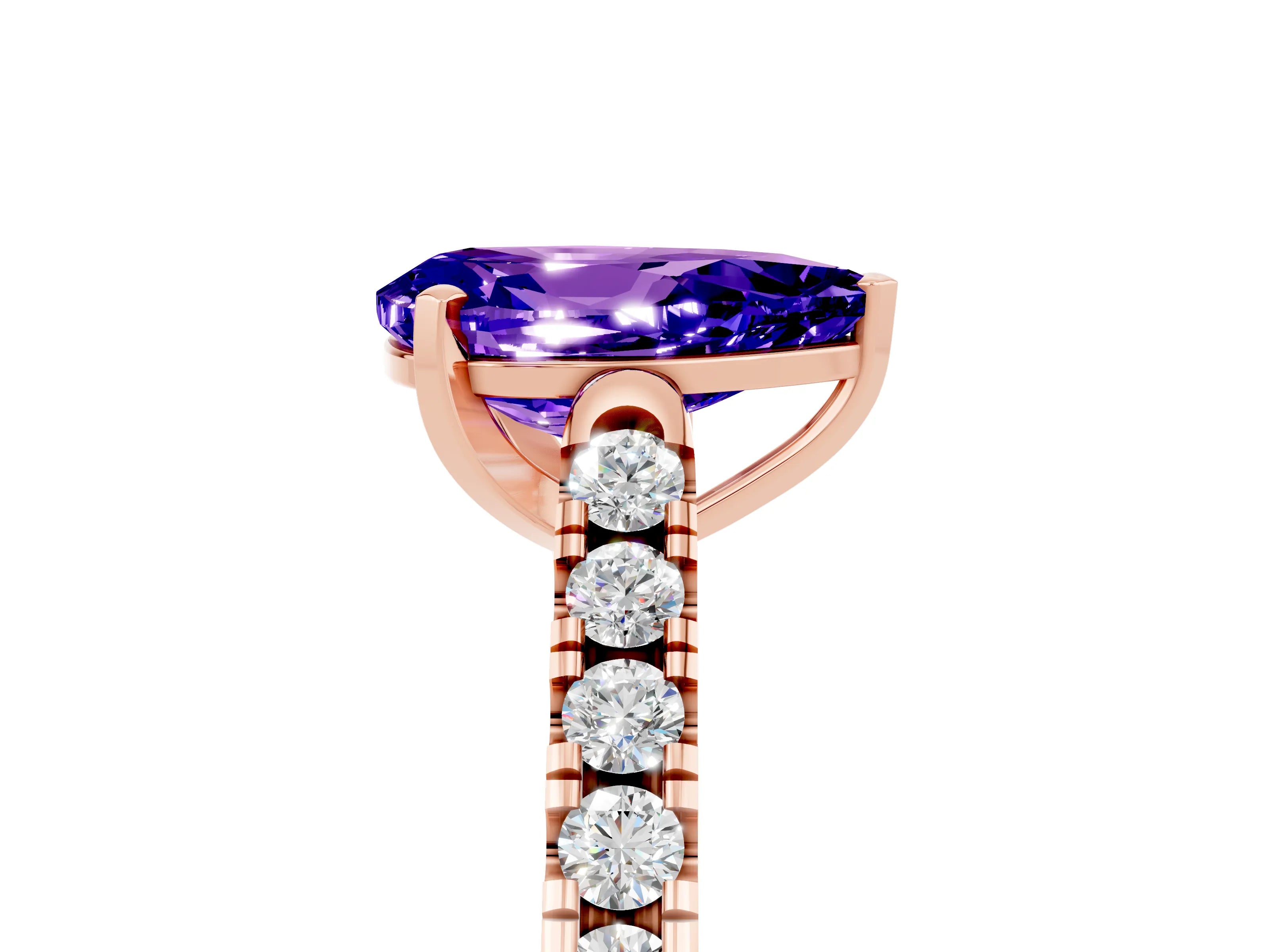 Rose gold {shape_name} Tanzanite Solitaire Ring with Pavé Band and Four-Prong Setting_5