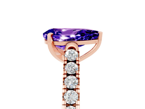 Rose gold {shape_name} Tanzanite Solitaire Ring with Pavé Band and Four-Prong Setting_5