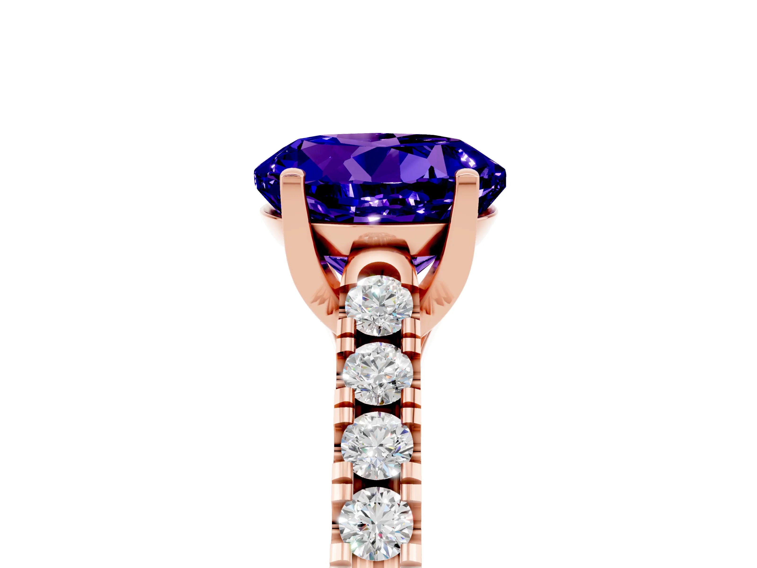 Rose gold {shape_name} Tanzanite Solitaire Ring with Pavé Band and Four-Prong Setting_5