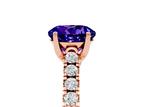 Rose gold {shape_name} Tanzanite Solitaire Ring with Pavé Band and Four-Prong Setting_5
