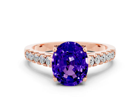 Rose gold {shape_name} Tanzanite Solitaire Ring with Pavé Band and Four-Prong Setting