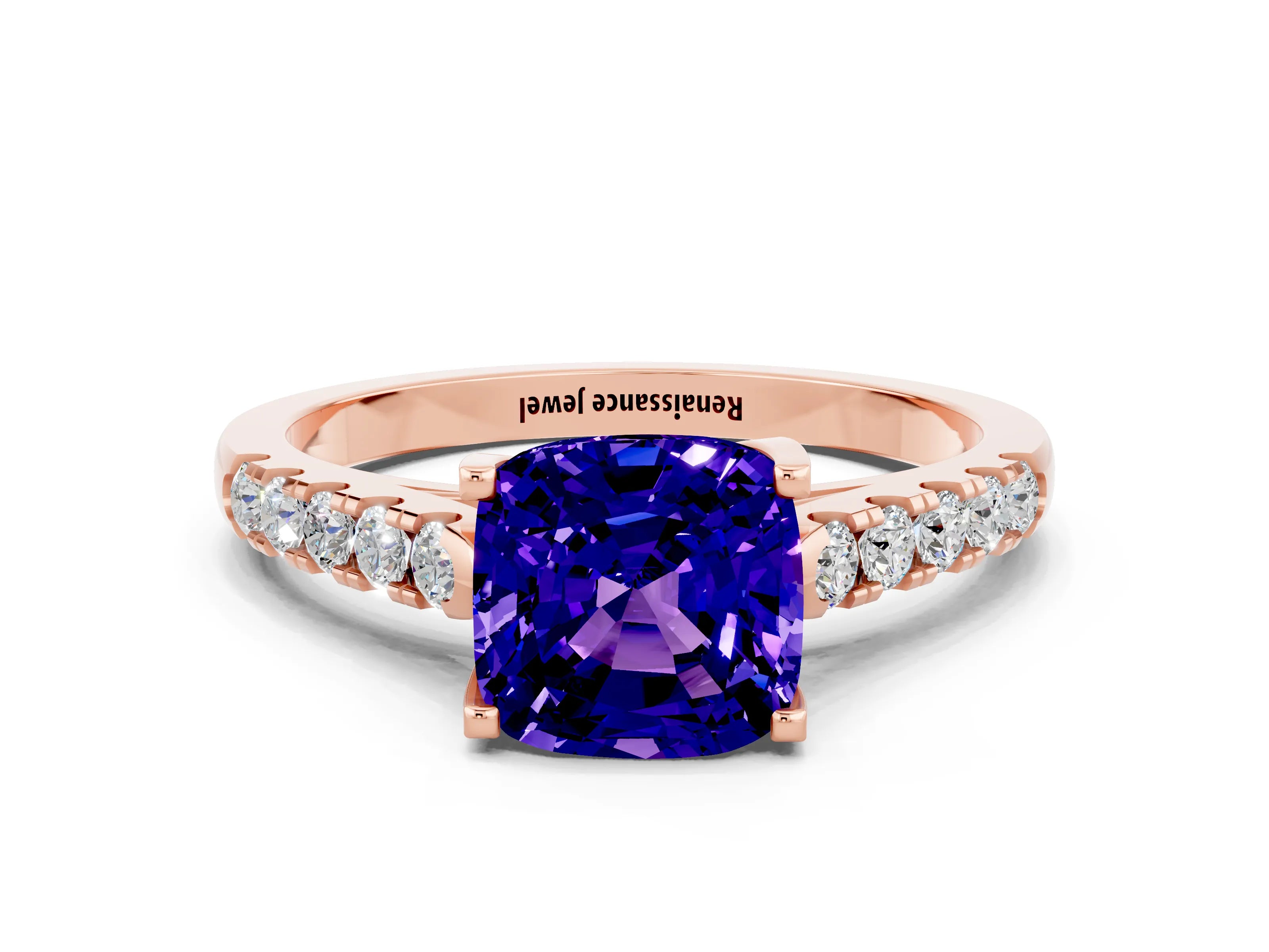 Rose gold {shape_name} Tanzanite Solitaire Ring with Pavé Band and Four-Prong Setting