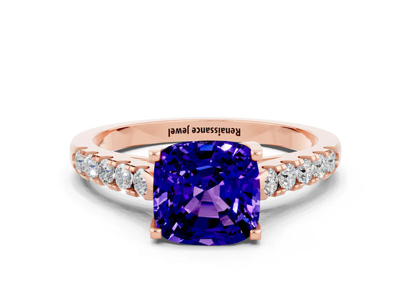 Rose gold Cushion Cut Tanzanite Pavé Band Solitaire Ring with Prong Setting