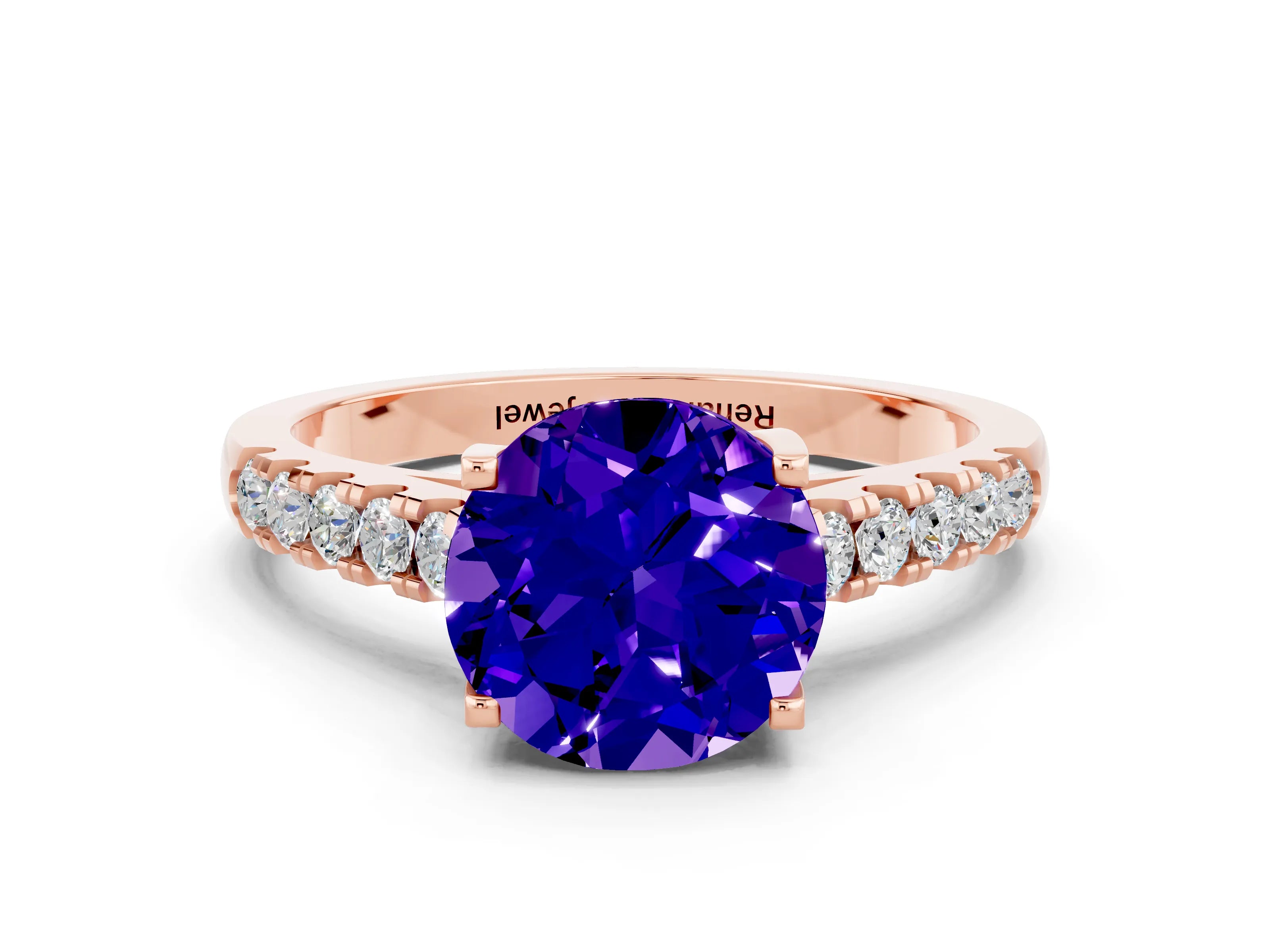 Rose gold {shape_name} Tanzanite Solitaire Ring with Pavé Band and Four-Prong Setting