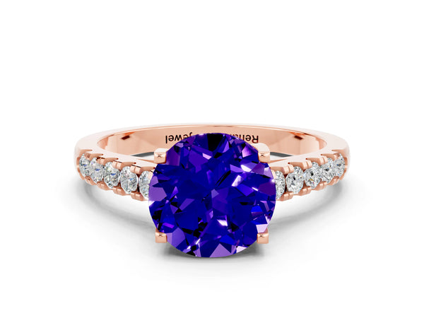 Rose gold Round Cut Tanzanite Pavé Band Solitaire Ring with Prong Setting