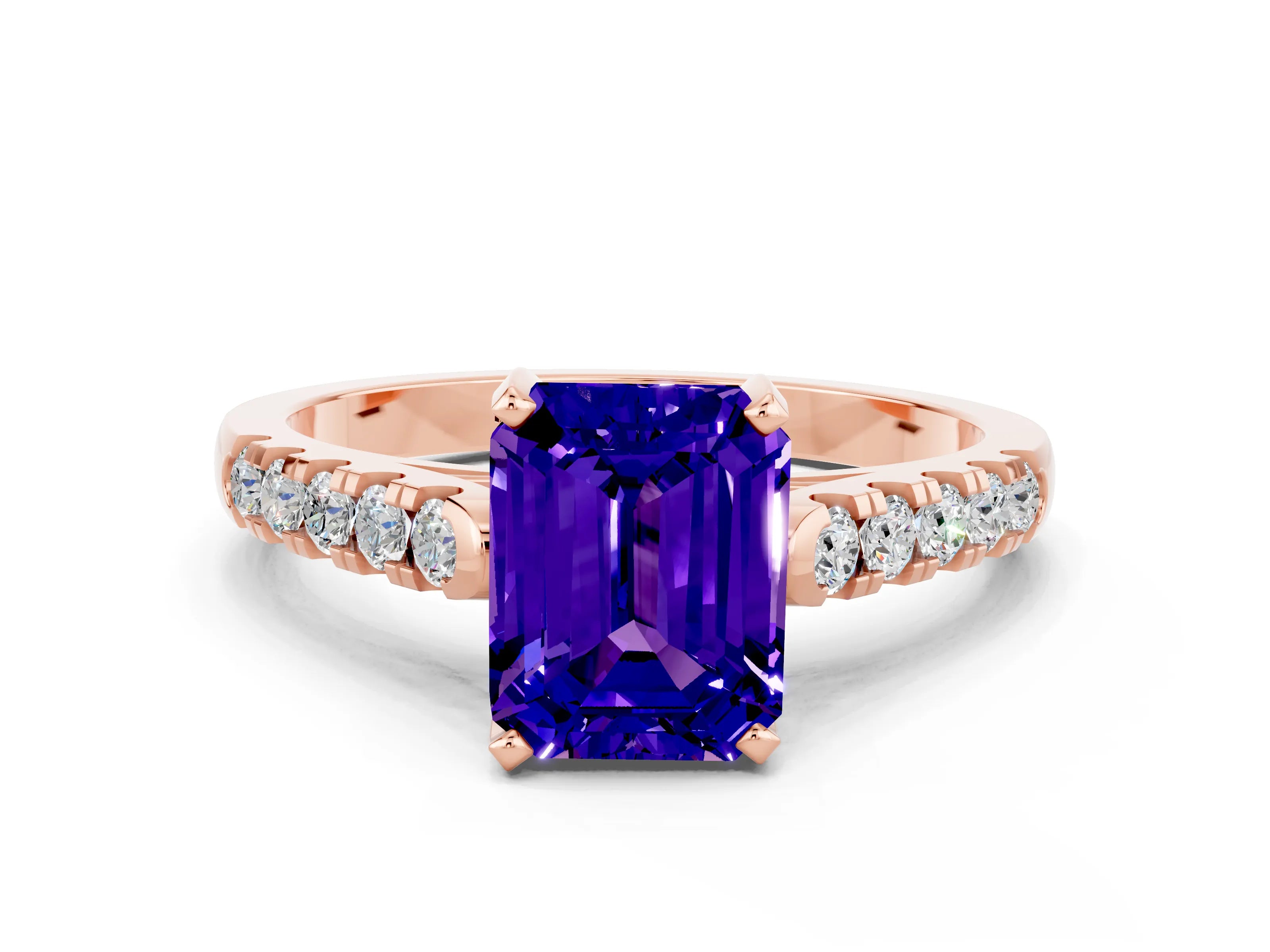 Rose gold {shape_name} Tanzanite Solitaire Ring with Pavé Band and Four-Prong Setting