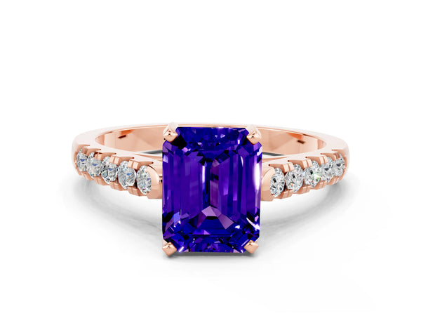 Rose gold Emerald Cut Tanzanite Pavé Band Solitaire Ring with Prong Setting