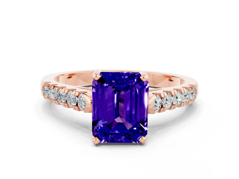 Rose gold {shape_name} Tanzanite Solitaire Ring with Pavé Band and Four-Prong Setting