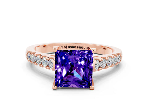 Rose gold {shape_name} Tanzanite Solitaire Ring with Pavé Band and Four-Prong Setting