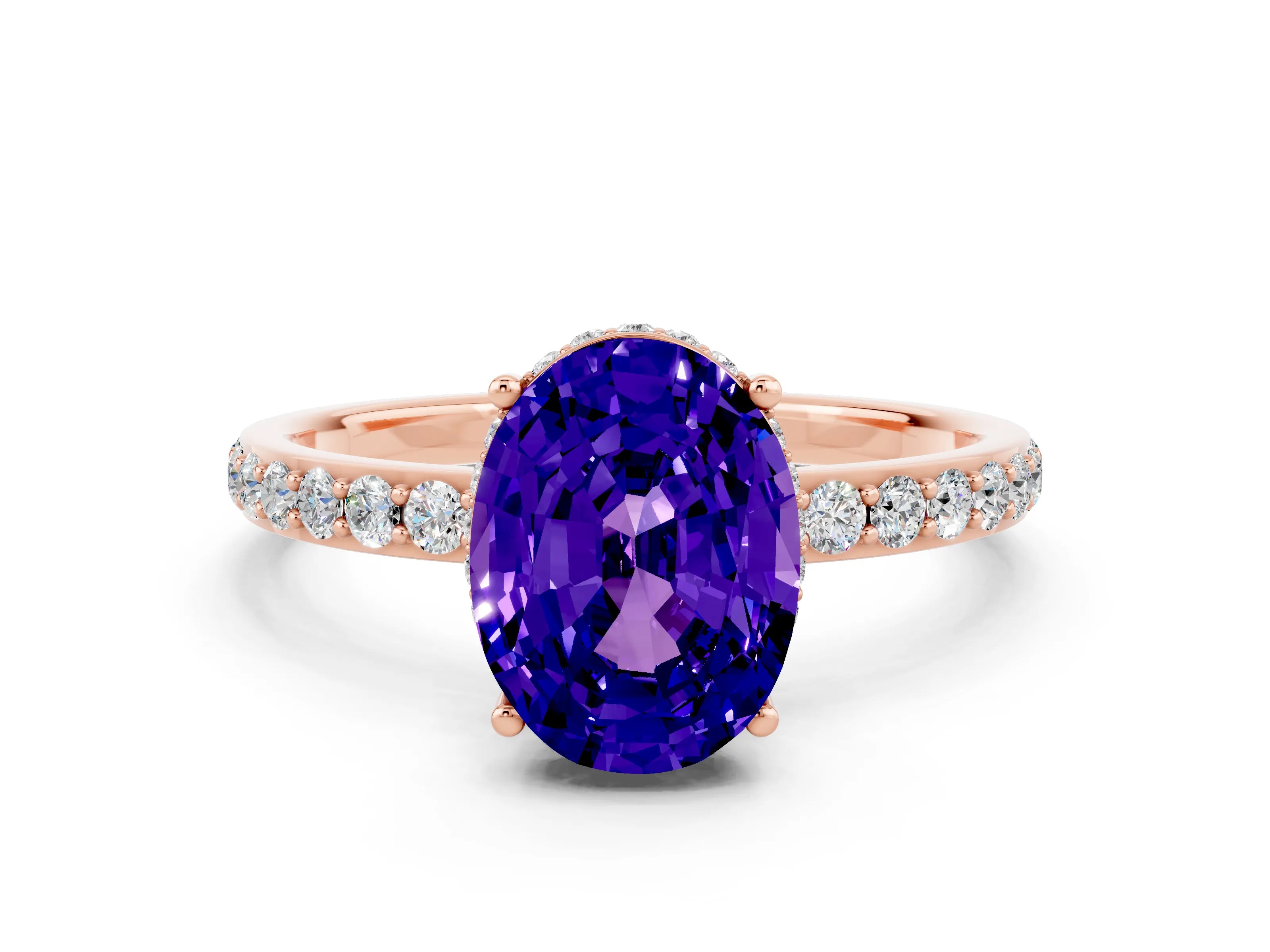 Rose gold {shape_name} Tanzanite Solitaire Ring with Pavé Band and Hidden Halo