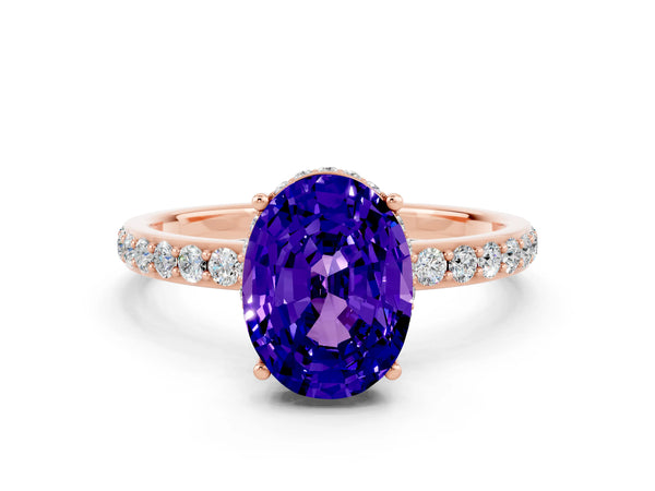 Rose gold Oval Cut Tanzanite Solitaire Ring with Pavé Band and Hidden Halo